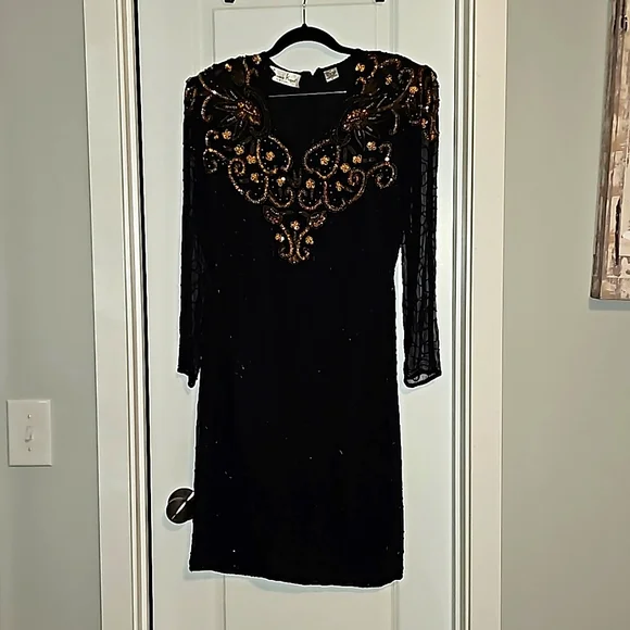 Laurence Kazar Womens Dress Vtg Sz S Beaded Black Silk Evening Zipper VG… - Picture 1 of 16